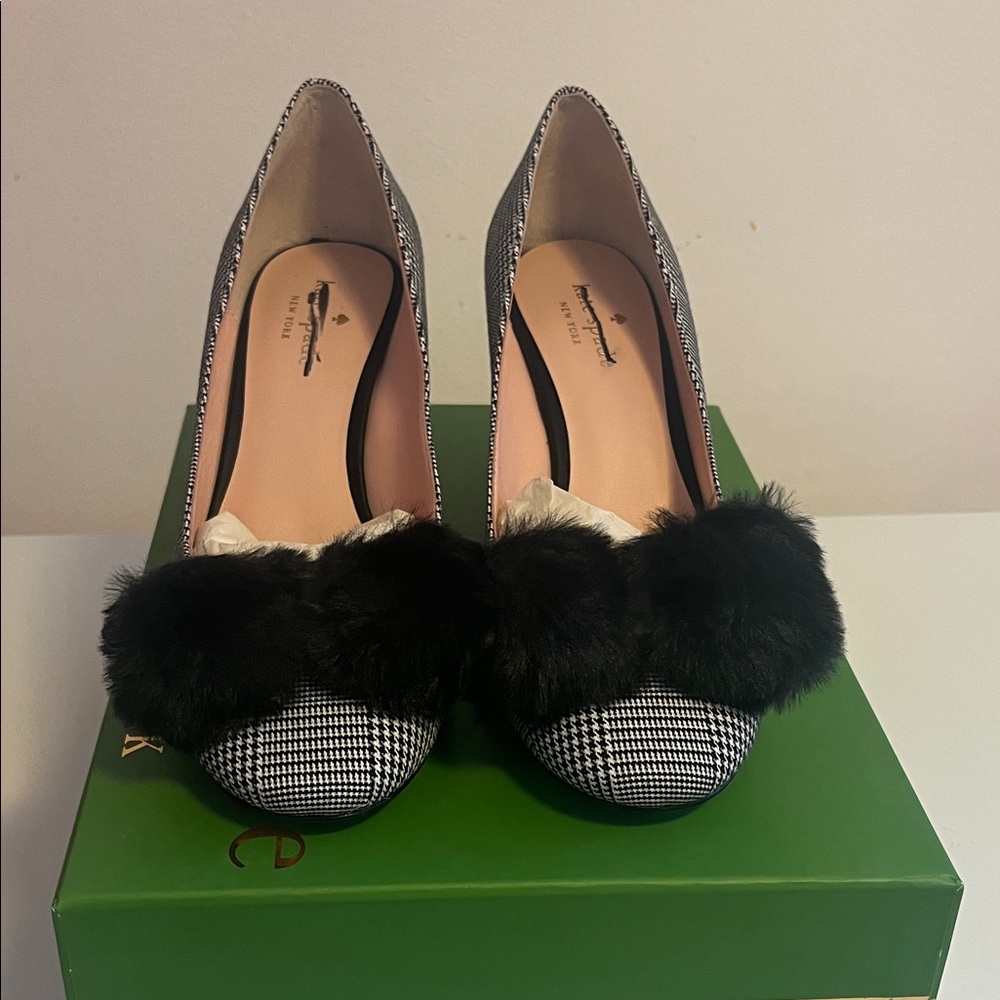 Kate Spade Houndstooth Heels with Black Fur Trim